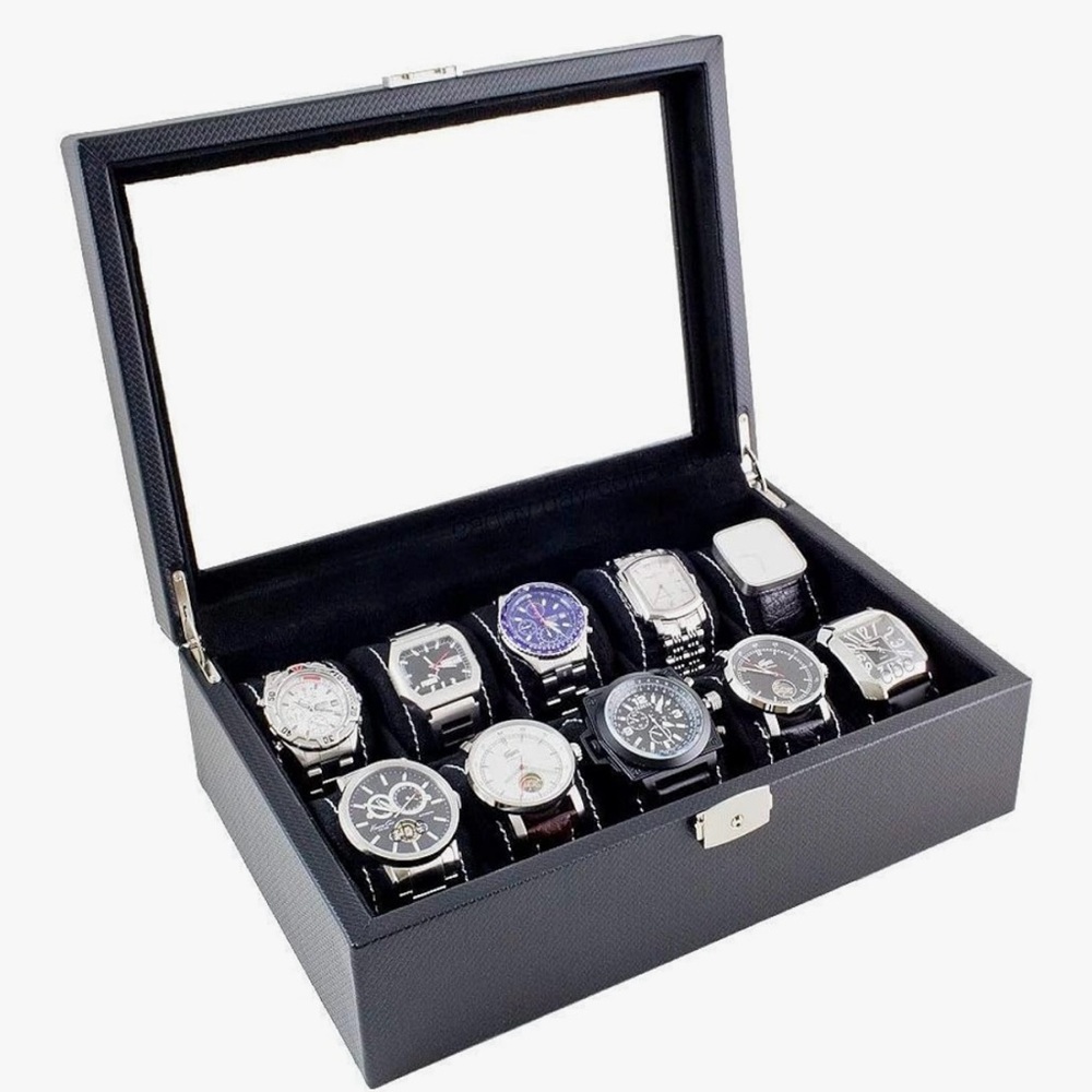 Black Carbon Fiber Glass Top Watch Case Organizer Holds 10 Watches